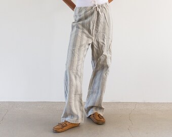 Vintage 26-36 Waist Stripe Flannel Drawstring Easy Pant | Grey High Waist Holiday Cotton Pajama Pants | FL034 | M
