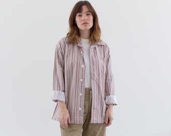 Vintage Pink Green Striped Shirt Jacket | Unisex Flannel Stripe Cotton Pajama Chore shirt | M L | SJ034