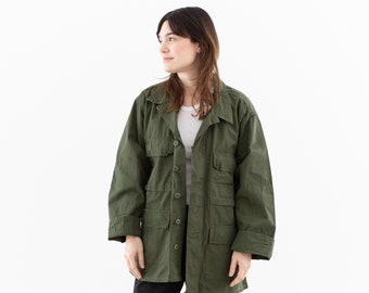 Vintage Olive Green Ripstop Cargo Jacket | Unisex Simple Safari Coat | Cotton | L |