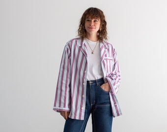 Vintage Light Blue Burgundy Striped Shirt Jacket | Unisex Flannel Stripe Cotton Pajama Chore Shop | S M  | SJ031