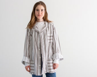 Vintage Brown White Striped Shirt Jacket | Unisex Flannel Stripe Cotton Pajama Chore shirt | L | SJ026