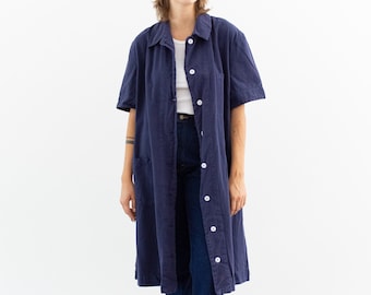 Vintage Navy True Blue Short Sleeve Shop Coat | Made in England | Belted Overdye Chore Trench Jacket | L XL |