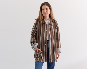 Vintage Brown Green White Striped Shirt Jacket | Unisex Flannel Stripe Cotton Pajama Chore shirt | M | SJ005