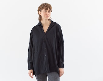 Vintage Black Overdye Artist Tunic | Button Up Shirt | Cotton Simple Blouse | S M L |