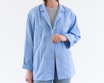 Vintage Light Sky Blue Chore Jacket | Unisex Cotton Metal Snap Utility Workwear | M L | IT483