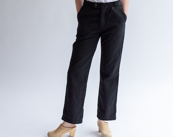 Vintage 26 27 28 30 Waist Tab Pleat Black Cotton Pants | Straight Leg High Waist Trouser |