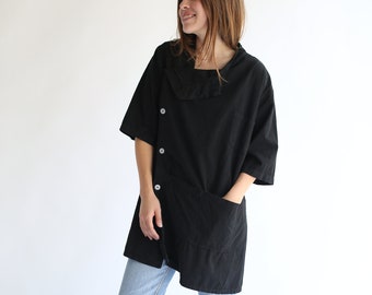 The Walwin Smock in Black | Vintage Overdye Side Button Painter Shirt | Short Sleeve Studio Shirt | Artist Smock | Tunic Shirt | S M L