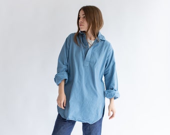 Vintage Sky Blue Popover Tunic | Loop Collar Pullover Studio Shirt | Interior Flannel | S M L |