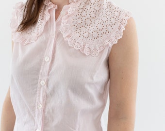 Vintage Pink Cotton Eyelet Semi Sheer Romantic Blouse | Ruffle Edge Shirt | XS S |