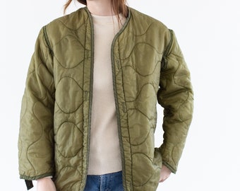 Vintage Green Liner Jacket | Unisex Wavy Quilted Nylon Coat | S | LI246