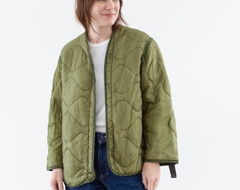 Vintage Green Liner Jacket | Unisex Wavy Quilted Nylon Coat | S | LI239