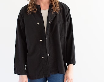 Vintage Black Overdye Side Snap Shirt Jacket | Unisex 1950s Smock Tunic Cotton Workwear | Military Utility Work | M L XL