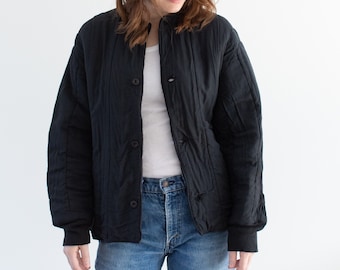 Vintage Overdye chaqueta de edredón de algodón negro / unisex cuello redondo acolchado puffer / S M L / CC022