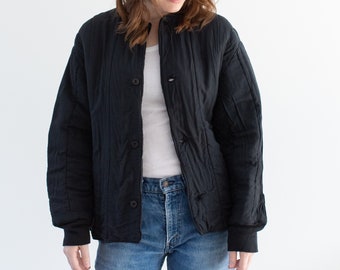 Vintage overdye zwart katoenen quiltjack | Uniseks gewatteerde puffer met ronde hals | S M | CC022
