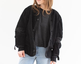 Veste vintage noire surteintée en velours côtelé | Manteau texturé en tissu éponge unisexe années 50 | Soyeux | P M L |