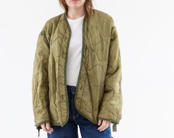 Vintage Green Liner Jacket | Unisex Wavy Quilted Nylon Coat | L XL | LI229