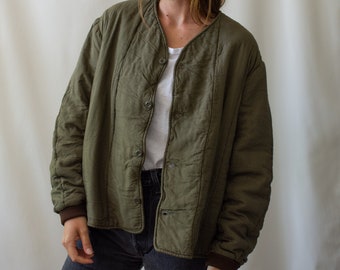 Vintage Olive Green Mushroom Cotton Quilt Jacket | Unisex Euro Liner Puffer Coat | S M L | CC003
