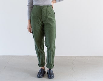 Vintage 27 Waist x 30 Inseam Olive Green Tapered Slim Army Pants | Unisex Utility Fatigues Military Trouser | Button Fly | F517