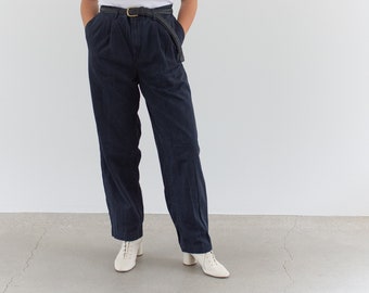 Vintage 31 32 33 34 Waist Pleat Trousers | Unisex Washed Navy Blue Cotton Zip Pants |