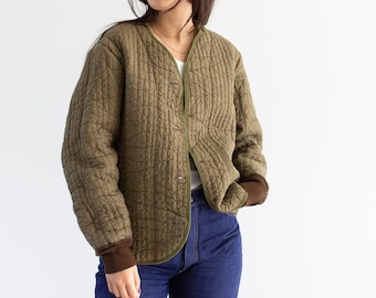 Vintage 70s Olive Green Brown Reversible Cotton Quilt Jacket | Unisex Euro Liner Lime Green Piping | Reversible Puffer | S M | CC009