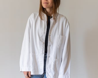 Vintage White Three Pocket Chore Coat | 50s 60s Cotton Jacket Workwear | Made in USA | S M