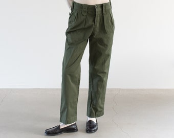 Vintage 28 29 30 31 32 33 Waist Olive Green Herringbone Twill Fatigues | Unisex Double Pleat Trousers | Portugal Army Pants | F549