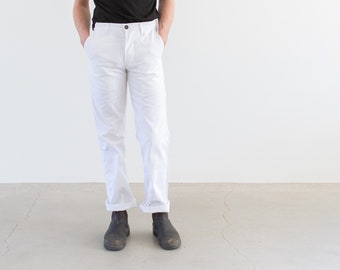 Vintage 31 34 39 42 Pantalon de peintre utilitaire en mélange de coton blanc à la taille | Pantalon unisexe taille haute avec braguette boutonnée | WP004