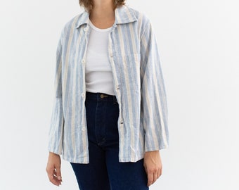 Vintage Blue Cream Striped Flannel Shirt Jacket | British 50s 60s Stripe Cotton Pajama shirt | S | SJ047
