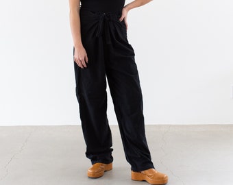 Vintage 26-44 Waist Black Flannel Tie Front Easy Pant | Unisex High Waist Cotton Pants | M L XL | P166