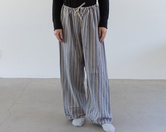 Vintage 27-38 Waist Stripe Flannel Drawstring Easy Pant | Pink Grey High Waist Holiday Cotton Pajama Pants | FL067