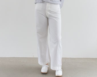 Vintage 29 30 Waist White Sailor Pant | High Rise Button Fly Cotton Trousers | Navy Pants | WS037