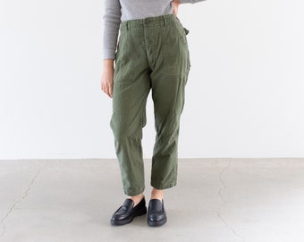 Vintage 29 Waist x 26 Inseam Olive Green Army Pants | Unisex Tapered Utility Fatigues Military Trouser | Button Fly | F515