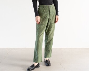 Vintage 26 27 28 Waist  x 28 Inseam Olive Green Army Pants | Unisex Utility Fatigues Military Trouser | Button Fly | F546