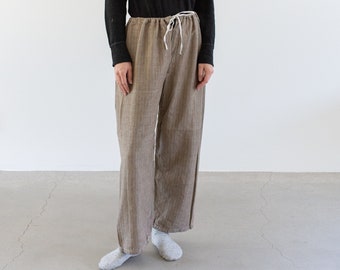 Vintage 26-36 Waist Stripe Flannel Drawstring Easy Pant | Brown Green High Waist Holiday Cotton Pajama Pants | FL068