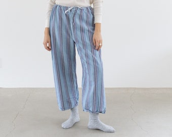 Vintage 26-38 Waist Stripe Flannel Drawstring Easy Pant | Blue White High Waist Holiday Cotton Pajama Pants | FL072