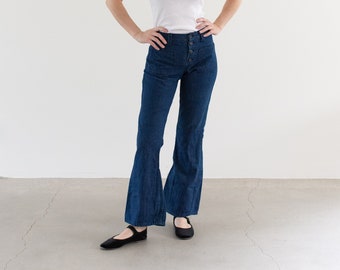 Vintage 27 Waist Dark Wash Button Fly Flare Denim | 70s bell Bottom Sailor Kick Flares Nautical | 1970 Jane Birkin Jean | FL038