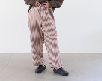 Vintage 26-36 Waist Stripe Flannel Drawstring Easy Pant | Brown Blue Red White High Waist Holiday Cotton Pajama Pants | FL059