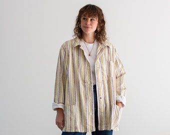 Vintage Orange Green Striped Shirt Jacket | Unisex Flannel Stripe Cotton Pajama Chore Shop | L XL | SJ033