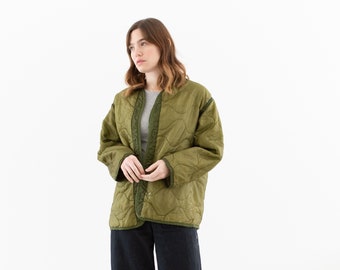 Vintage Green Liner Jacket | Unisex Wavy Quilted Nylon Coat | L | LI171