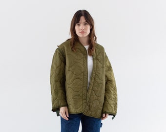 Vintage Green Liner Jacket | Unisex Wavy Quilted Nylon Coat | L XL | LI230