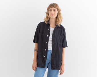 The Waylan Shirt in Black | Vintage Short Sleeve Simple Blouse | Overdye Cotton Work Shirt | S