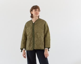 Vintage Green Liner Jacket | Unisex Wavy Quilted Nylon Coat | L | LI160