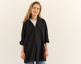 Vintage Black Overdye Artist Tunic | Button Up Shirt | Cotton Simple Blouse | S M L |