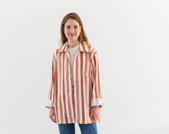 Vintage Pink Red White Striped Shirt Jacket | Unisex Flannel Stripe Cotton Pajama Chore shirt | L | SJ009