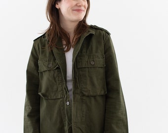 Vintage Olive Green Herringbone Twill Army Jacket | Dutch Unisex HBT Painter Cotton Button Up | M |