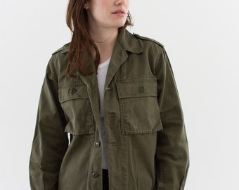 Vintage Olivgrüne Armee-Hemdjacke | Niederländischer Unisex-Maler-Baumwoll-Twill-Knöpfe | S |