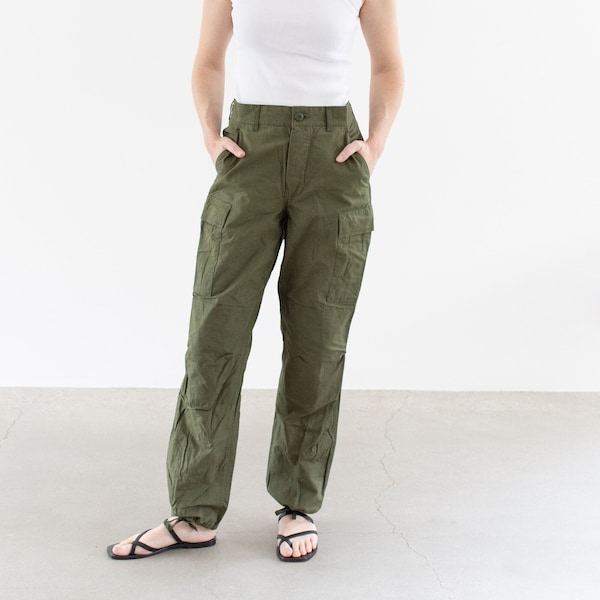 Vintage 27 28 29 30 31 Waist Olive Green Ripstop Cargo Fatigues | Unisex Side Pocket Cargos Trousers | Army Pants | F492