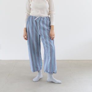 Vintage 26-38 Waist Stripe Flannel Drawstring Easy Pant | Blue White High Waist Holiday Cotton Pajama Pants | FL072