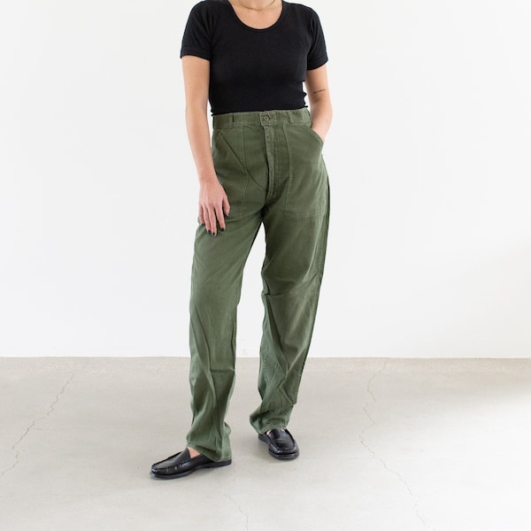 Vintage 30 Waist Olive Green Army Pants | Unisex Utility Fatigues Military Trouser | Zipper Fly | F476