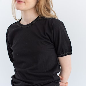 The Matera Tee in Black | Vintage Contrast Stitch Puff Sleeve Made in Italy T-Shirt | 100% Cotton | S M |